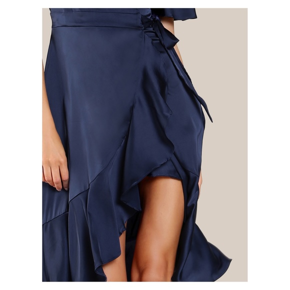 Navy Blue Satin Ruffle Wrap Tie Dress - Picture 4 of 5